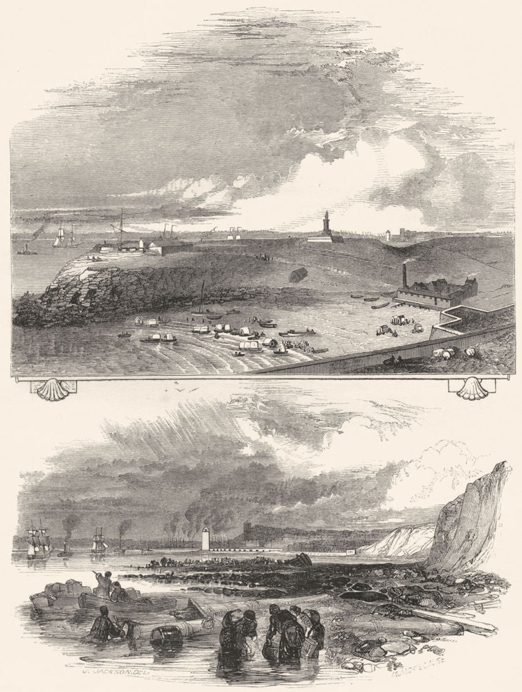 TYNEMOUTH. Newcastle. with Collingwood monument; Shields Harbour 1850 print